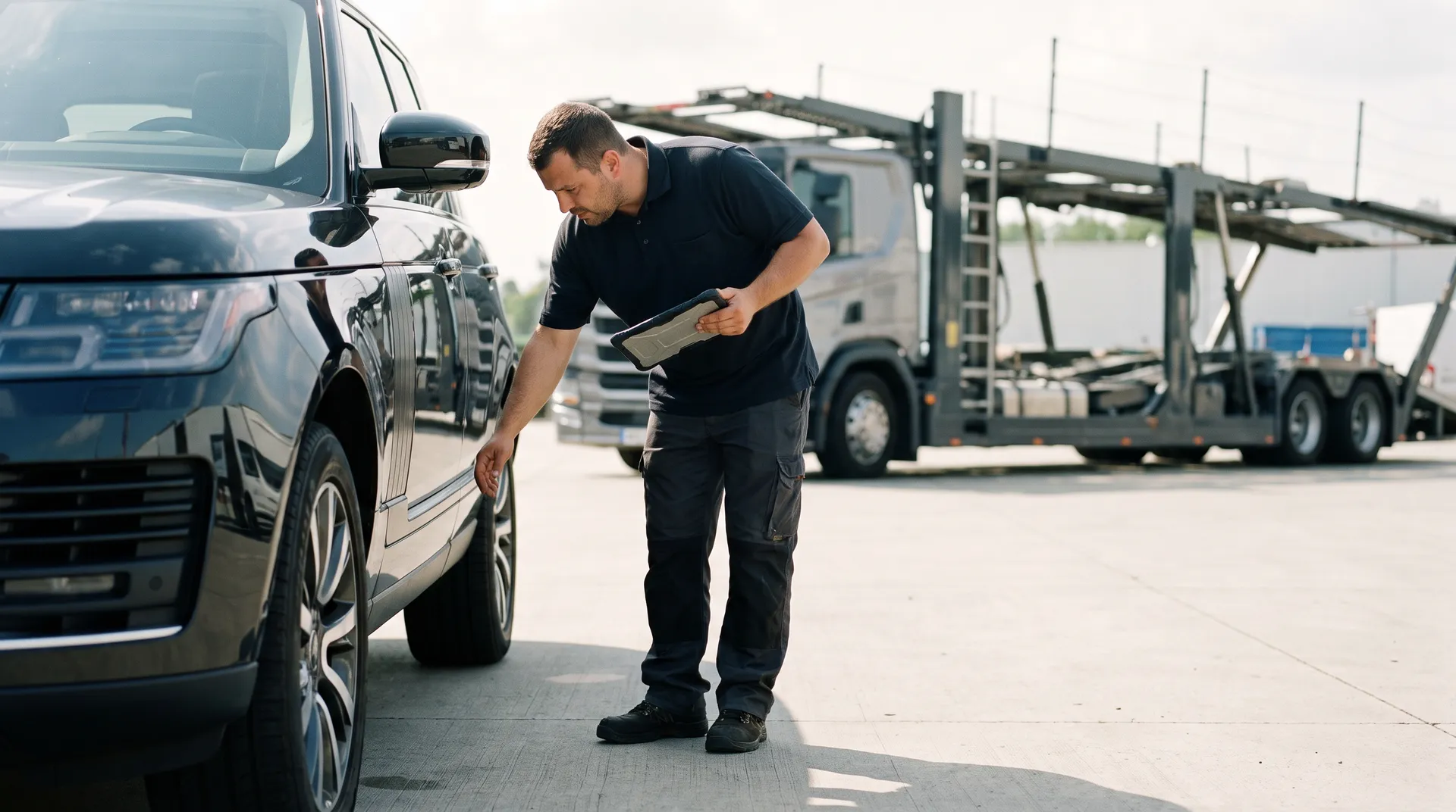 Driver checking a black SUV against a condition report beside an open car carrier